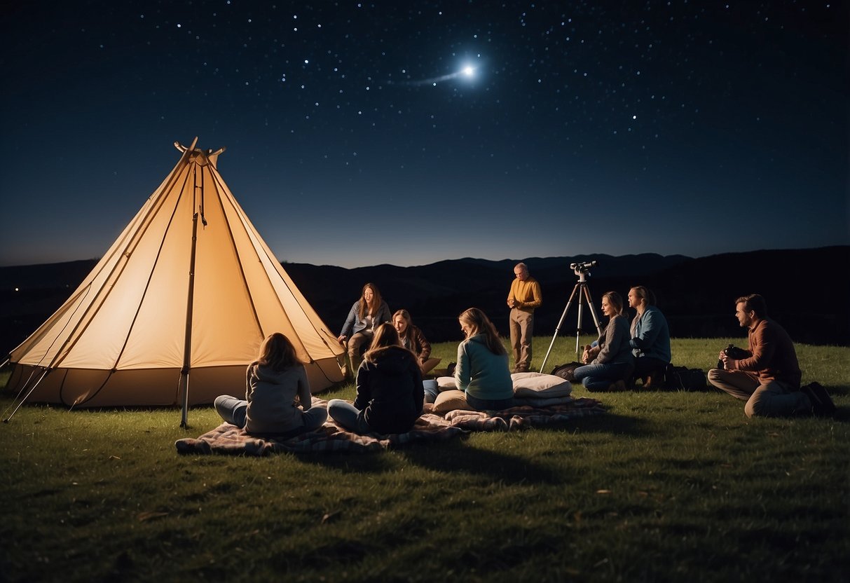 A group of people setting up telescopes and laying out blankets on a grassy field under a clear night sky, with a crescent moon and twinkling stars above