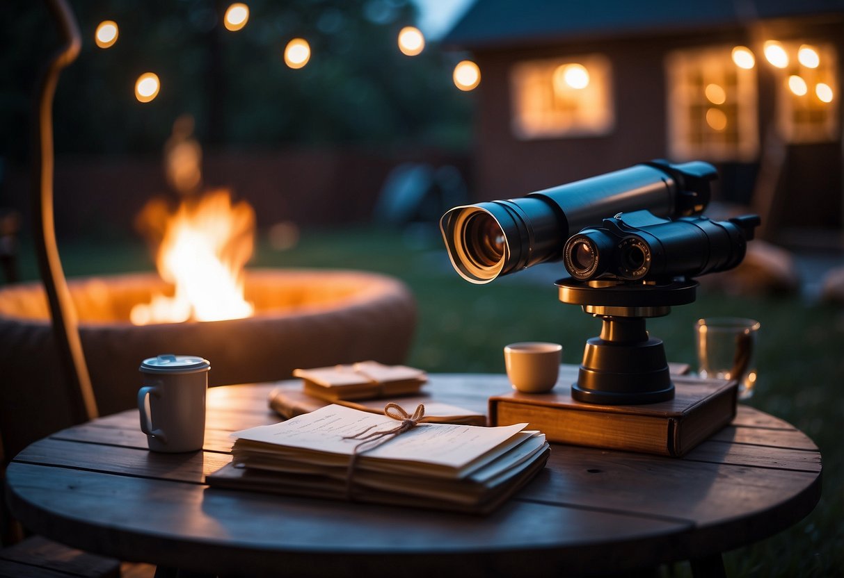 A table with a stack of invitations, a starry night sky, telescope, and cozy seating arranged in a backyard. Twinkling lights and a bonfire add ambiance