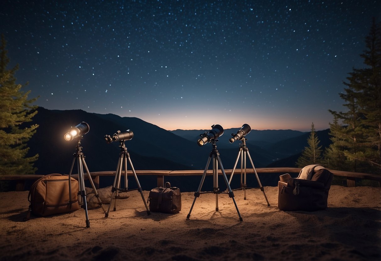 A group of telescopes and binoculars set up on a clear night, with a starry sky overhead and a cozy outdoor setting