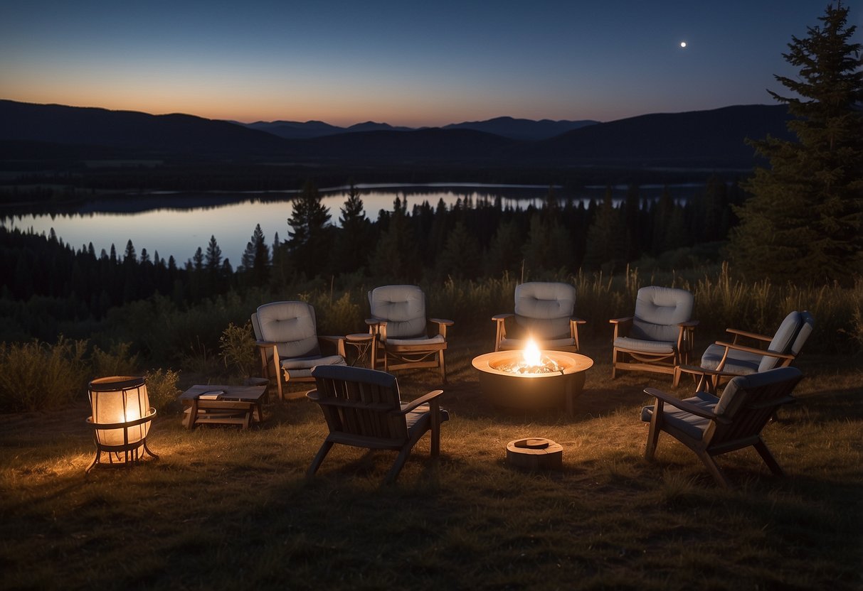 A group of comfortable chairs arranged in a circle under a clear night sky, with a telescope and blankets nearby for a stargazing party