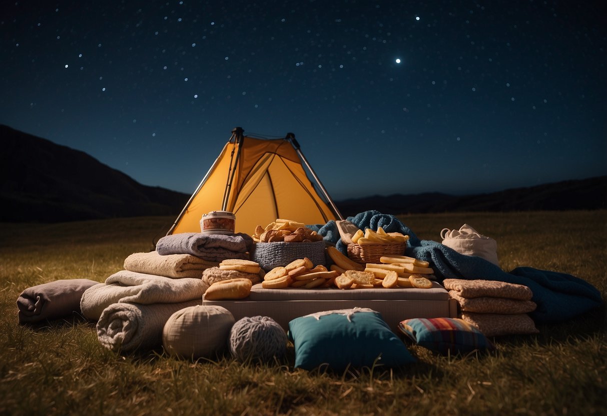 A pile of cozy blankets arranged under a clear night sky, with a telescope and snacks nearby. Seven tips for hosting a stargazing party written on a sign