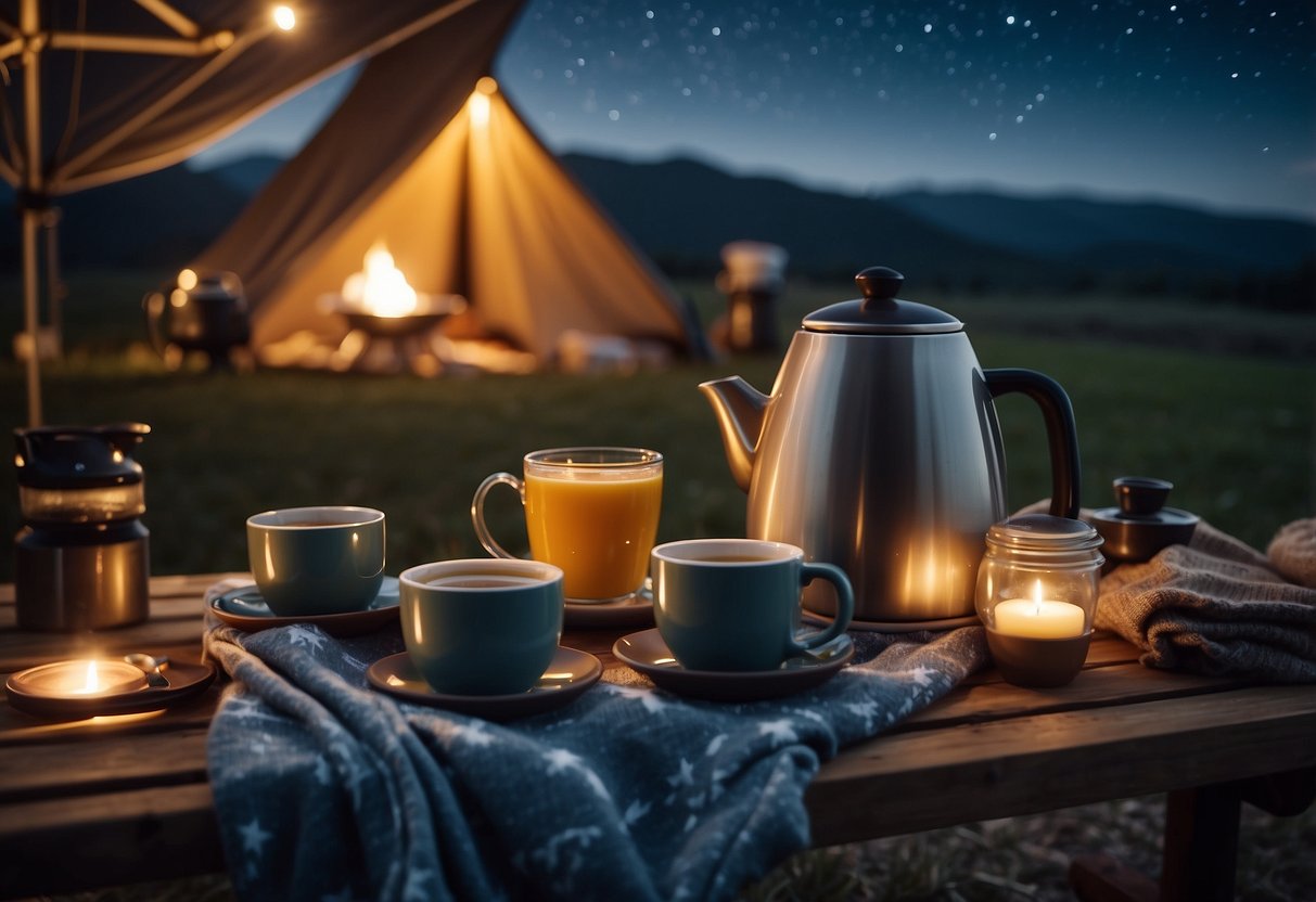 A table with steaming mugs, teapots, and a thermos, surrounded by cozy blankets and stargazing equipment under a clear, starry sky