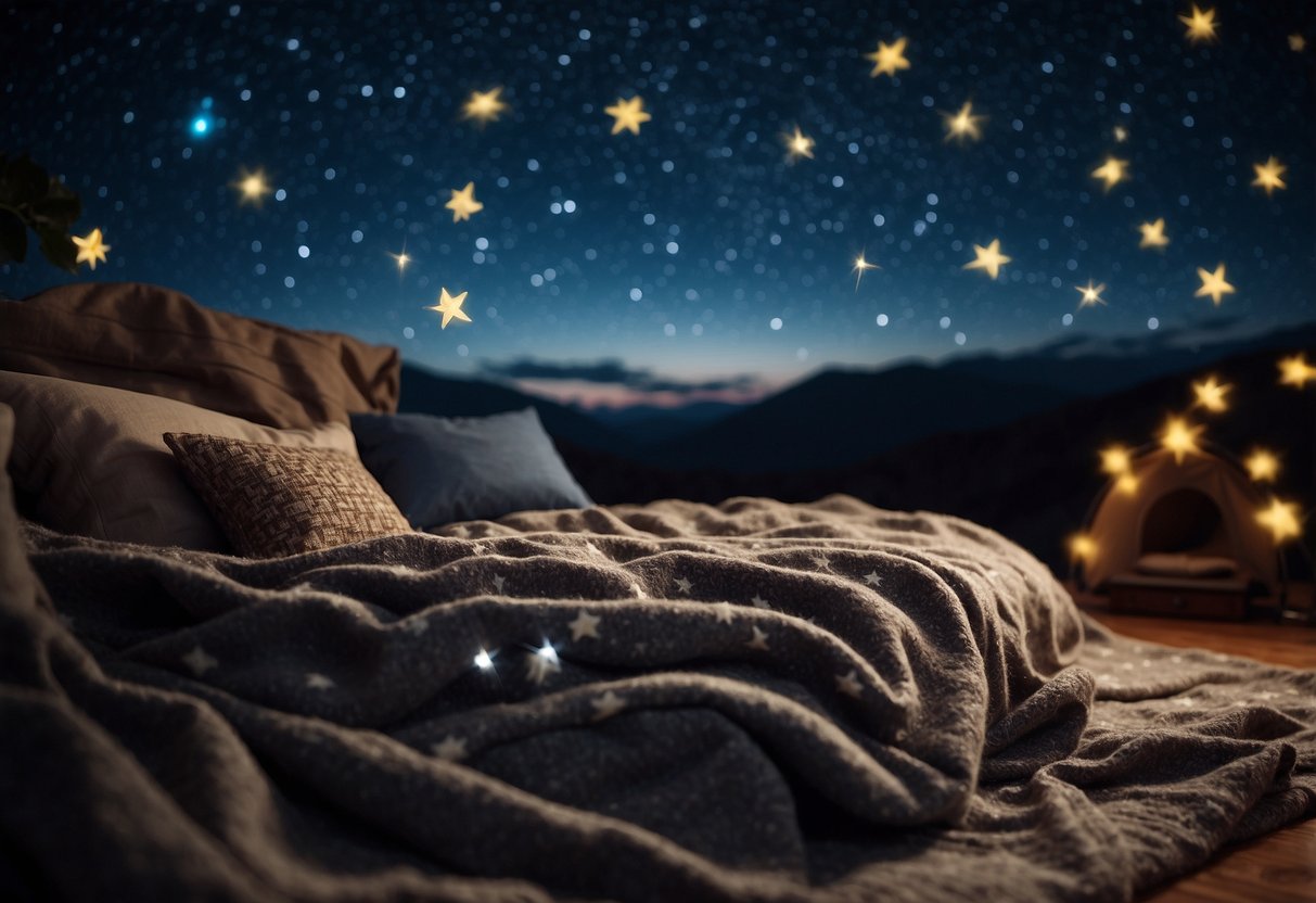 A serene night sky with twinkling stars, a smartphone displaying stargazing apps, and a cozy blanket laid out for a comfortable viewing experience