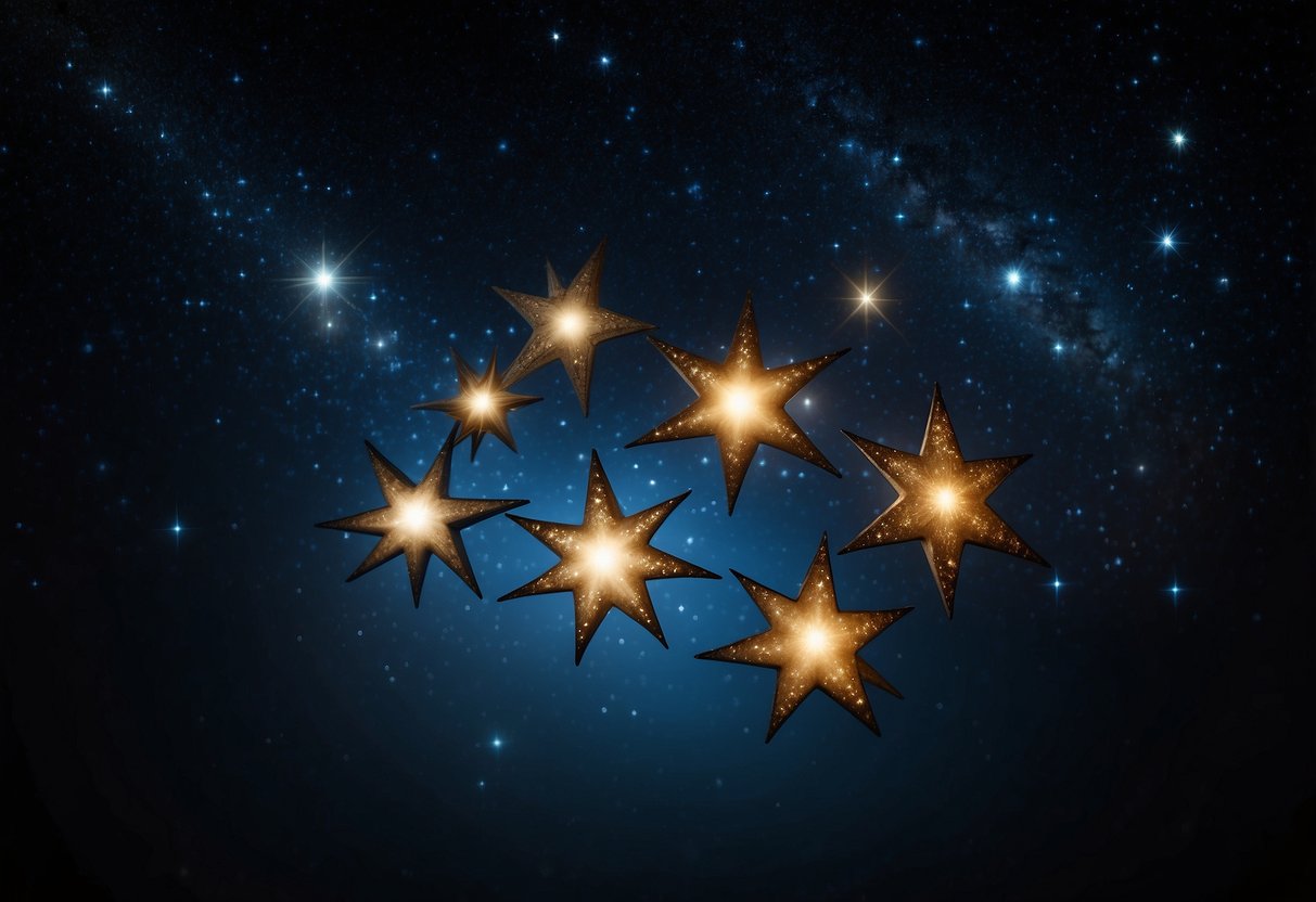 A cluster of seven bright stars surrounded by a hazy glow, set against a backdrop of dark space and twinkling stars