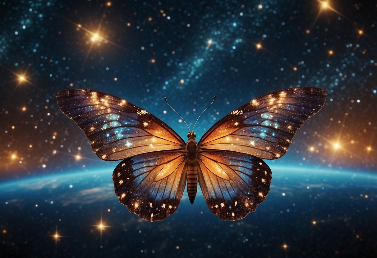 A vibrant cluster of stars, resembling a delicate butterfly in flight, surrounded by a celestial backdrop of deep space