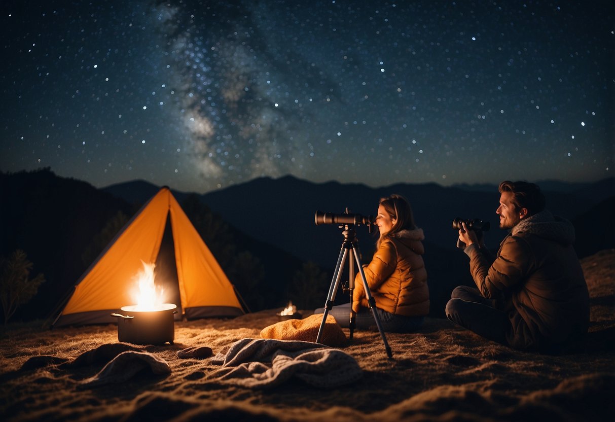 A clear night sky with a telescope and binoculars, a cozy blanket on the ground, a small campfire, and a group of friends pointing at the stars