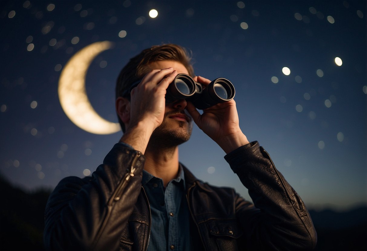 A figure holds binoculars to their eyes, gazing up at the starry night sky. A telescope sits nearby, unused. The scene is set against a backdrop of twinkling stars and a crescent moon