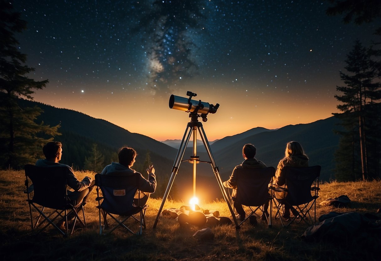 A group of people gather around telescopes, pointing up at the night sky. They are surrounded by camping chairs and blankets, enjoying the view of the stars