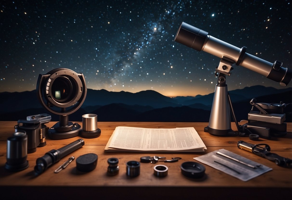 A table with various tools and materials laid out for building a telescope. A starry night sky in the background with a telescope pointed towards the stars