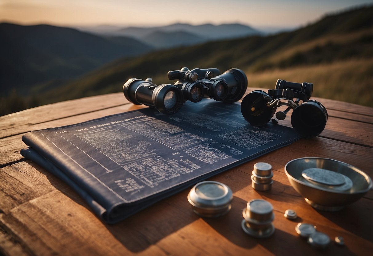 A table with a telescope, binoculars, and star maps. A sign reads "Secondhand Equipment" with a list of "7 Tips for Stargazing on a Budget."