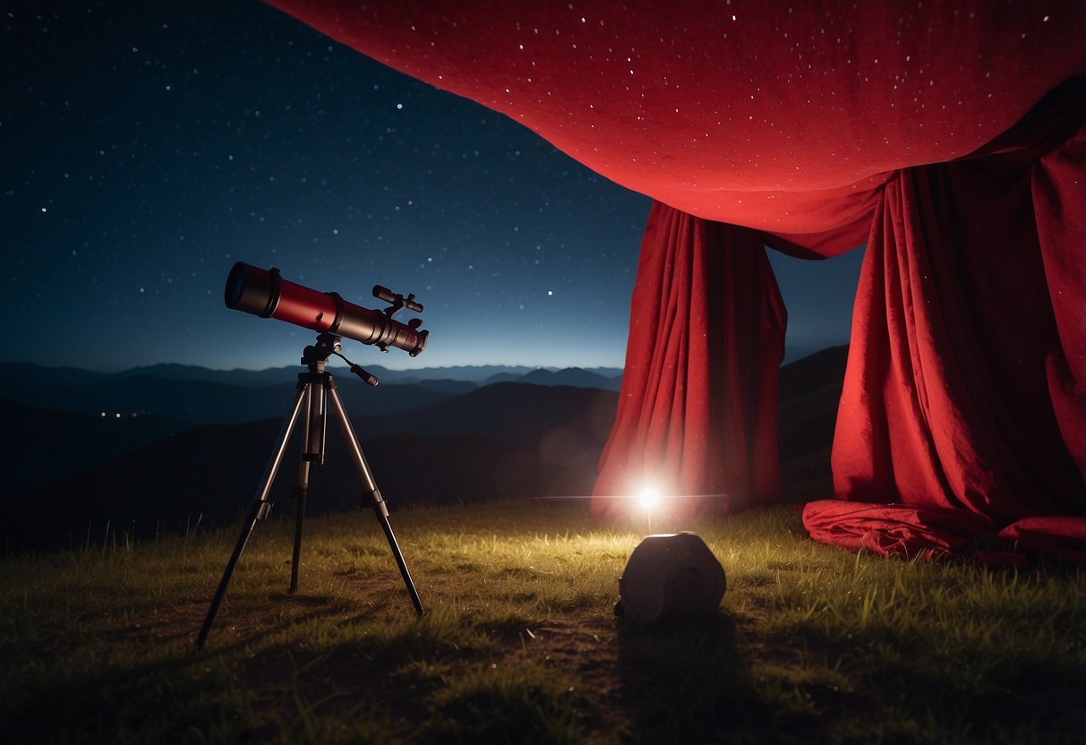 A dark night sky with flashlights shining through red cellophane, highlighting stars. Telescope and blankets nearby for stargazing