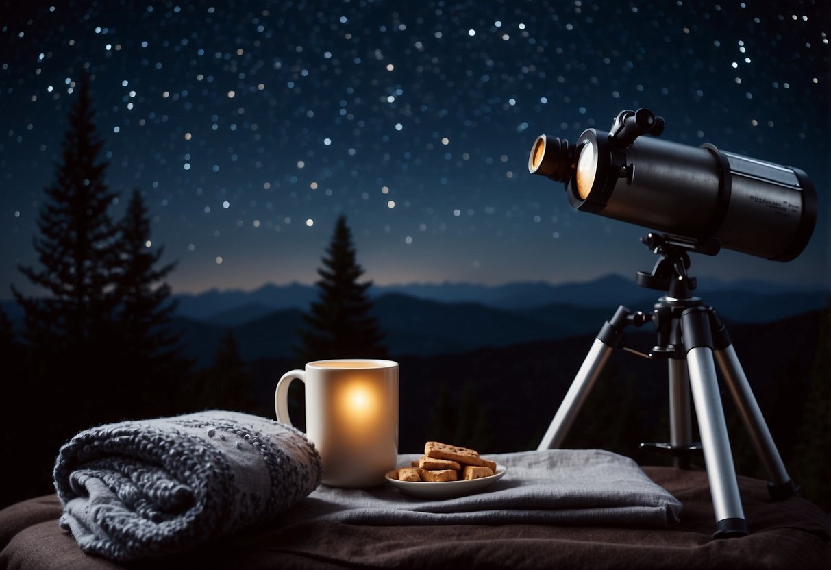 A dark, moonlit night sky with twinkling stars and a clear view of the constellations. A telescope and star chart lay nearby, while a cozy blanket and thermos of hot cocoa complete the scene