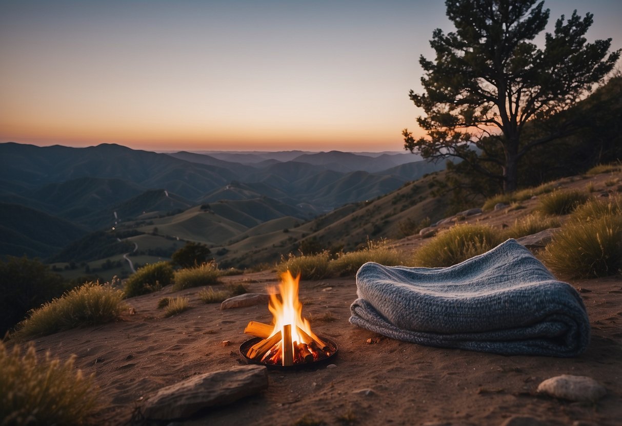 A serene hilltop with clear skies, a telescope pointed towards the stars, a cozy blanket spread out, and a small campfire crackling nearby