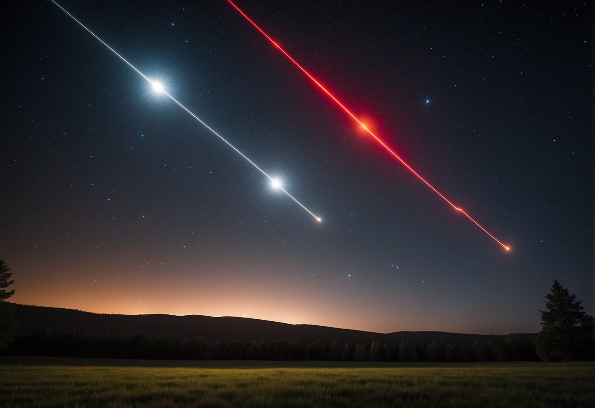 A dark night sky with stars shining brightly, and five red flashlights arranged neatly on a flat surface, each emitting a strong beam of light towards the sky