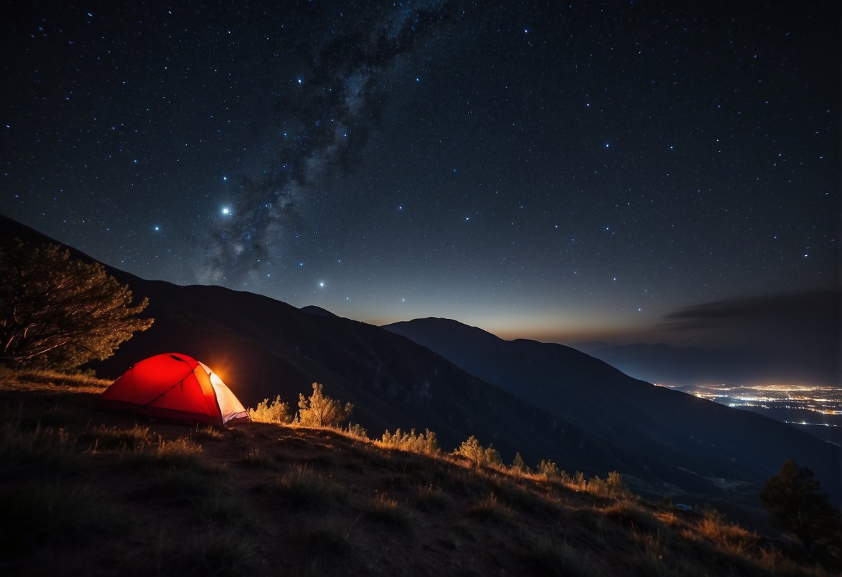 A dark night sky with stars twinkling above, as a Fenix LD22 red flashlight illuminates the ground below, creating a perfect setting for stargazing