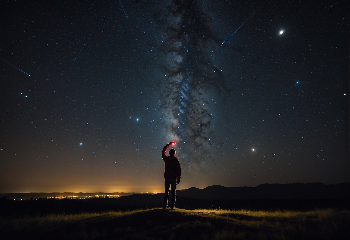 A dark night sky with a clear view of the stars, and a person using a Streamlight 88033 red flashlight to gaze at the constellations