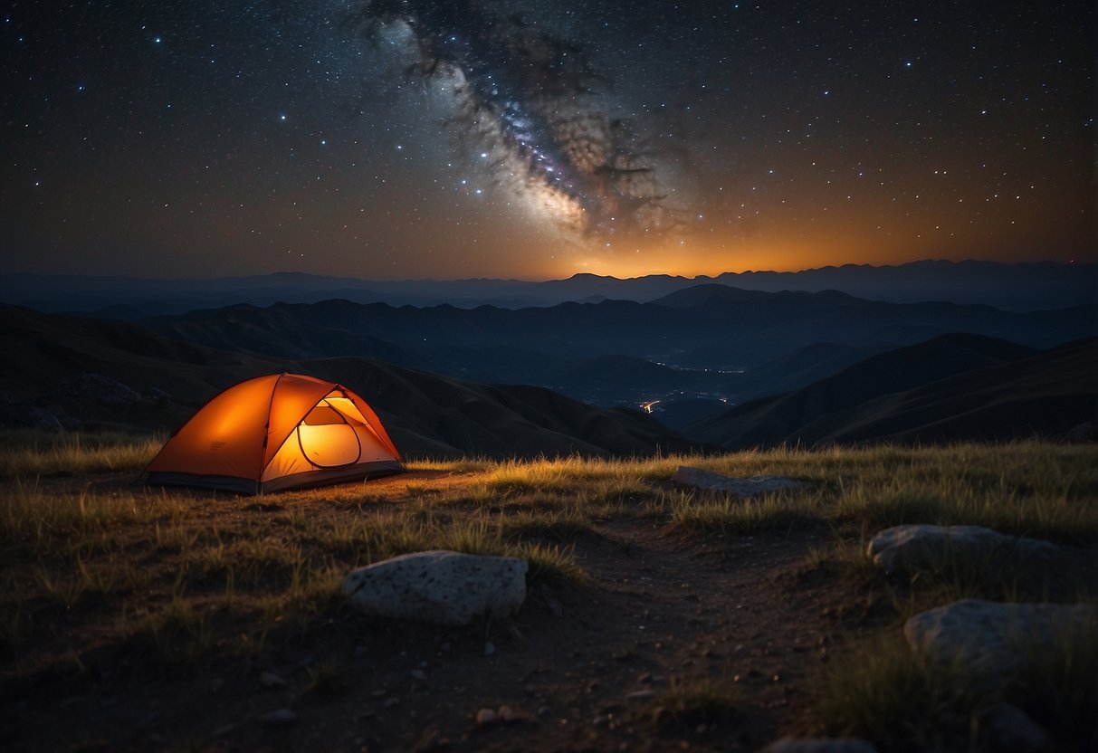 A dark sky with stars twinkling, and a Nitecore MT2A red flashlight illuminating the ground below