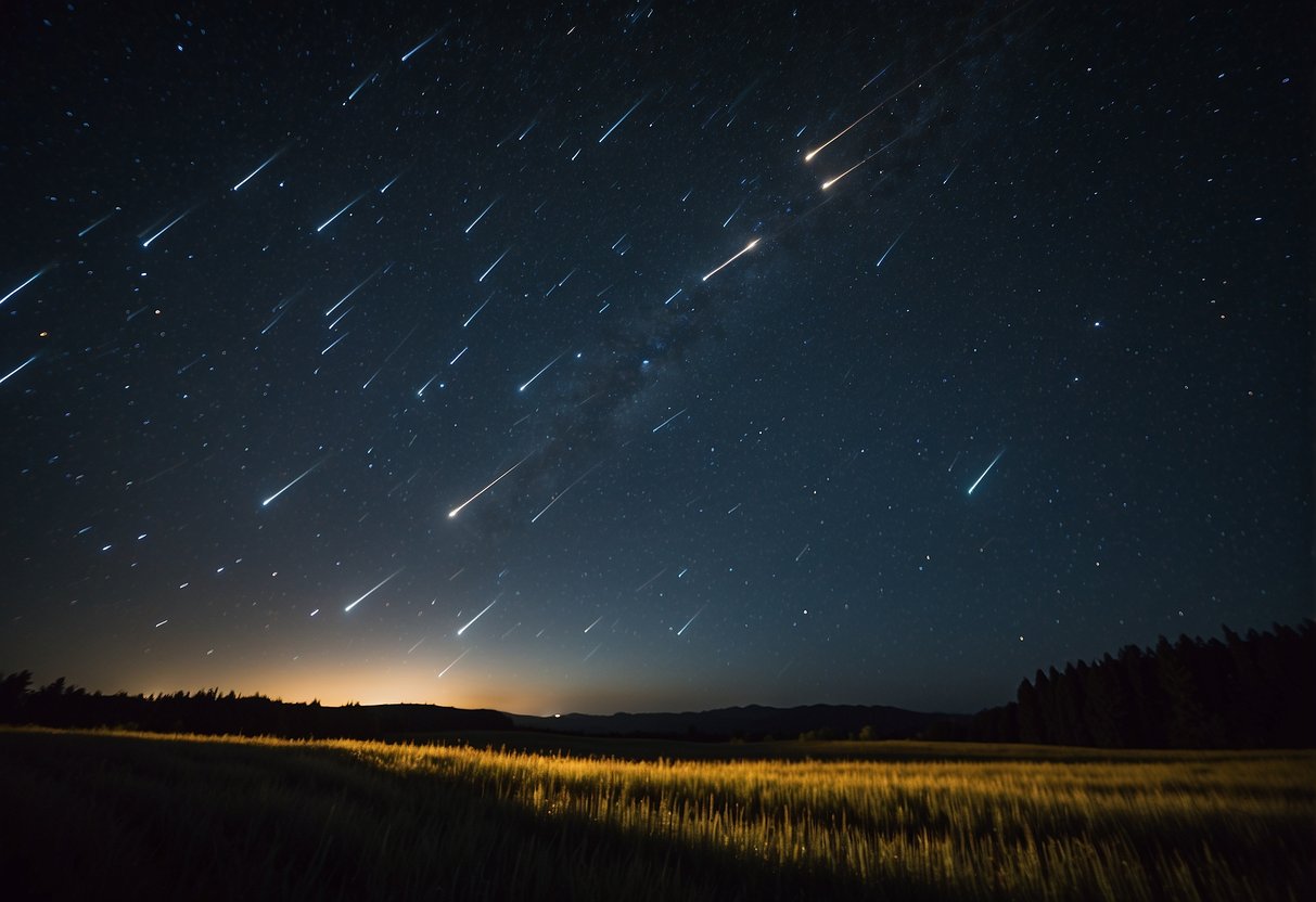 A dark, clear night sky with bright streaks of shooting stars from the Perseid Meteor Shower, surrounded by other celestial wonders visible without a telescope