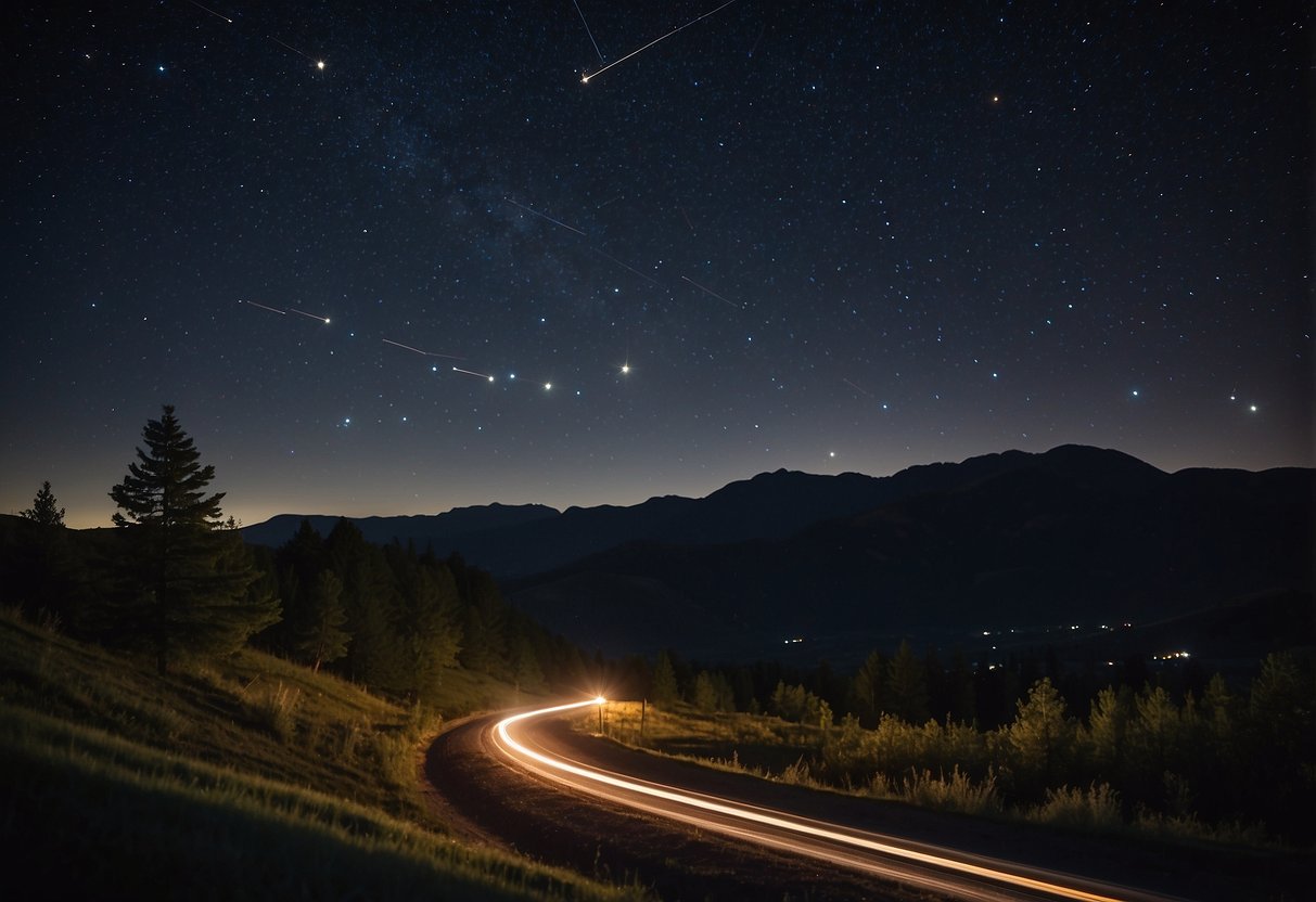 The Big Dipper shines brightly in the night sky, its seven stars forming a distinct shape against the dark backdrop. Other celestial wonders twinkle nearby