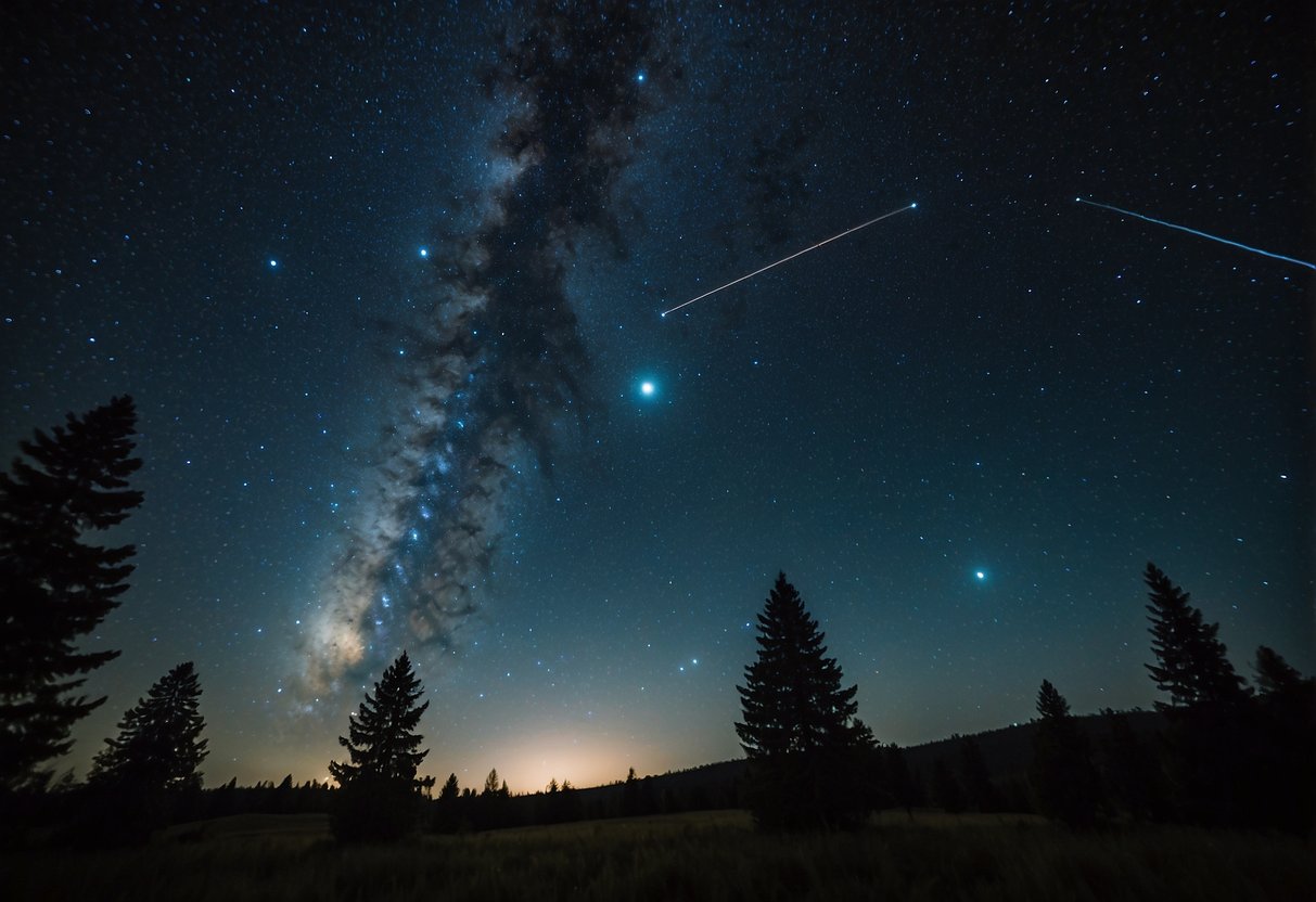 The night sky is filled with stars, planets, and constellations. The Milky Way stretches across the horizon, while Orion's Belt and the Big Dipper are easily recognizable. The bright star Sirius shines brightly, surrounded by other celestial wonders