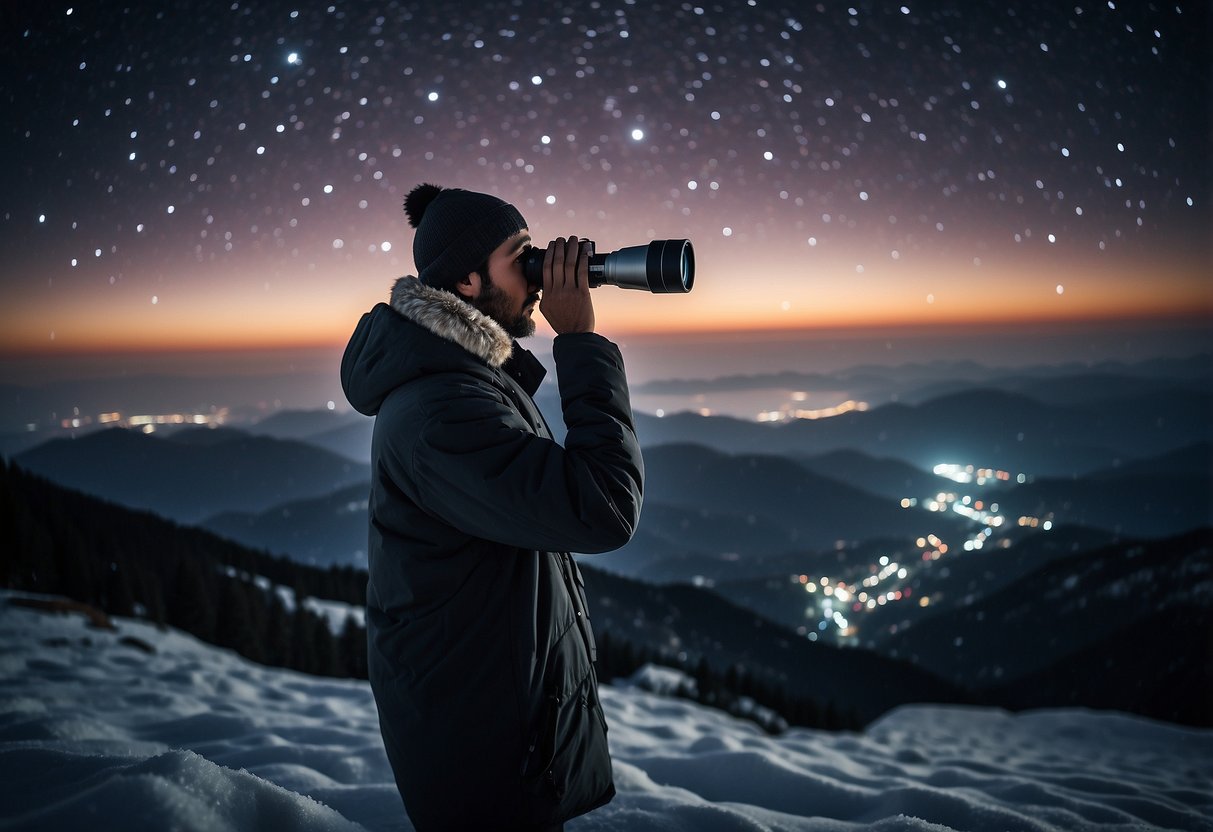 A clear night sky with twinkling stars, a blanket of snow covering the ground, a person bundled up in warm clothing, holding a telescope or binoculars, and looking up at the celestial display