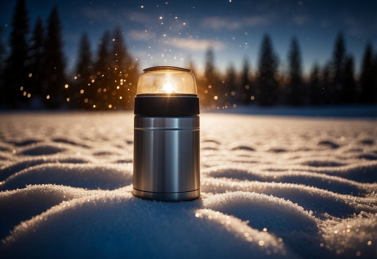 A thermos sits on a snow-covered blanket under a starry sky. Steam rises from the hot drink inside as the cold air creates a frosty halo around the lid