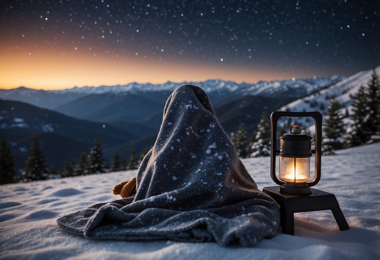 A starry sky above a snowy landscape, with hand warmers scattered around a telescope and a cozy blanket, creating a warm and inviting atmosphere for stargazing in cold weather