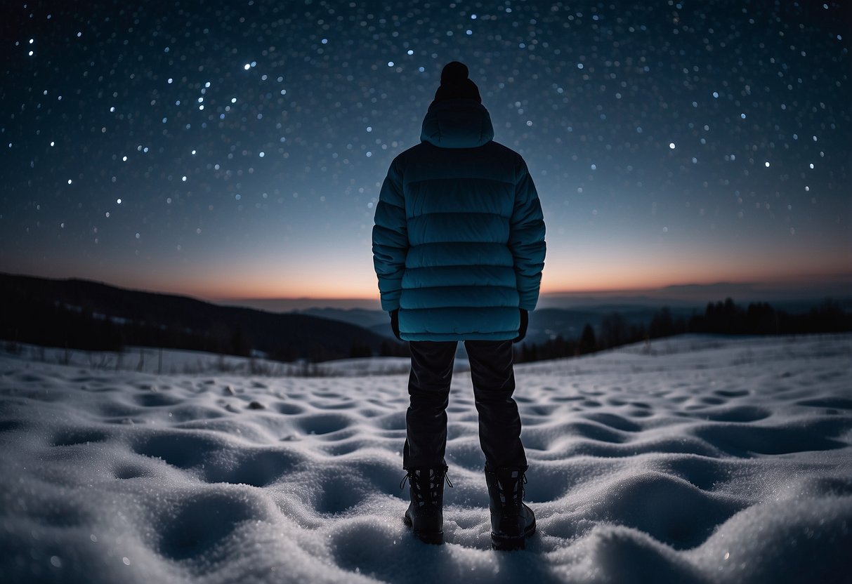 A person wearing insulated boots gazes at the stars in a cold, clear night. The sky is filled with twinkling stars, and the person is surrounded by a peaceful, snowy landscape