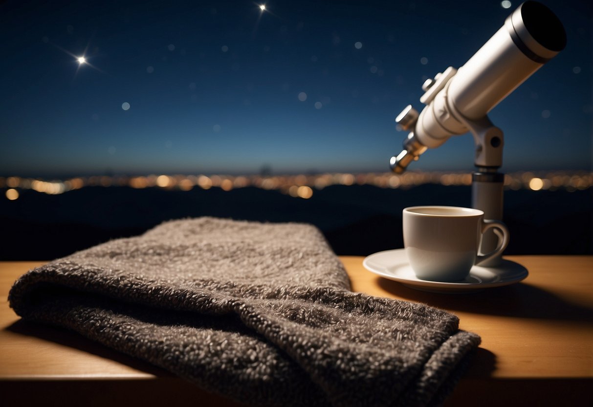 A clear, cold night sky with twinkling stars, a cozy blanket and a hot drink, a telescope pointed towards the heavens