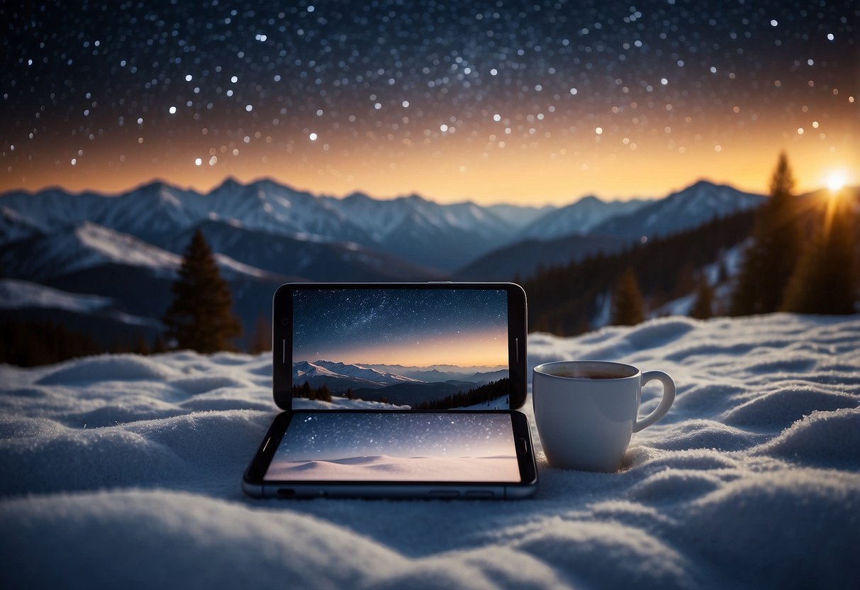 Clear night sky, snow-covered ground, smartphone with weather app, warm clothing, telescope, star chart, hot drink, and cozy blanket