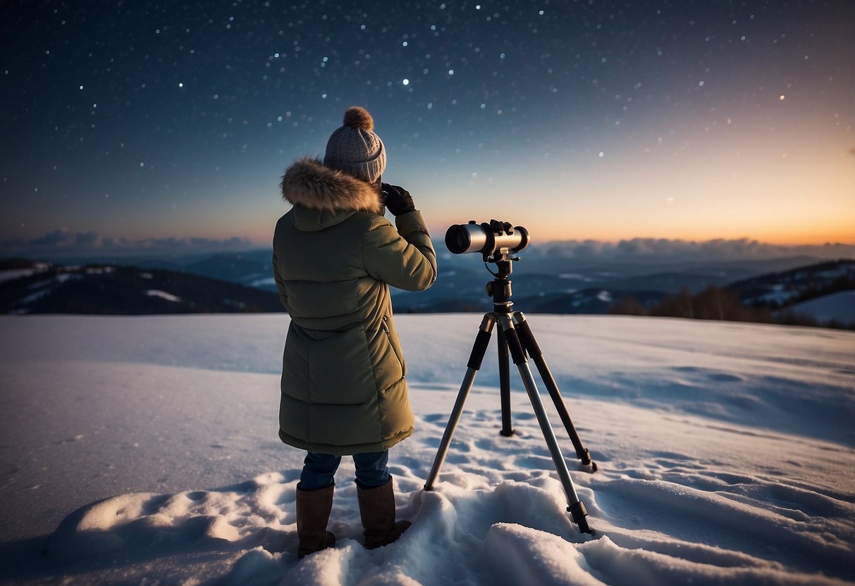 A figure dressed in warm clothing sets up a telescope and binoculars on a snow-covered field under a starry sky. A thermos and hot drink are nearby