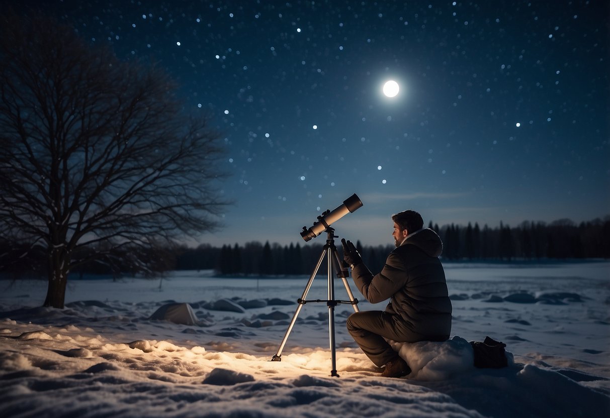 A person setting up a telescope and blankets in a snowy field under a clear night sky with bright stars and a full moon