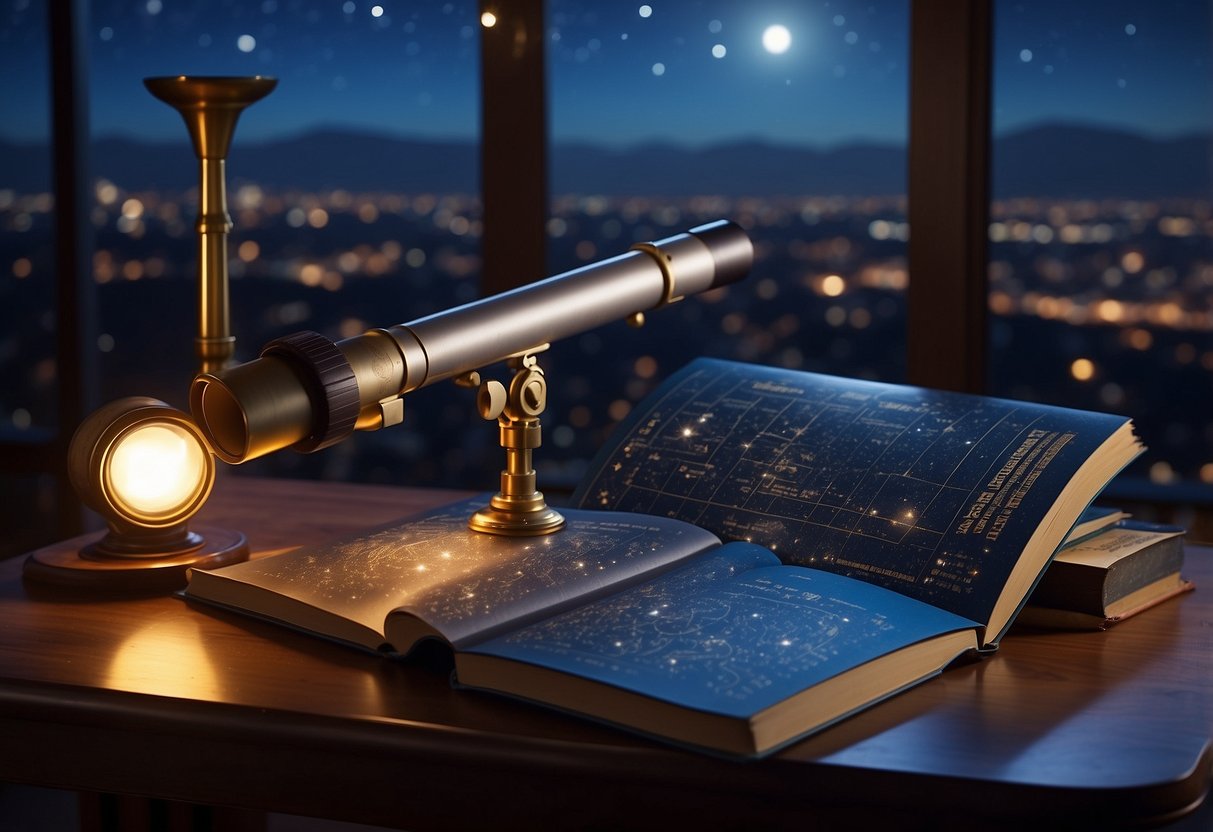 A table with a telescope, eyepieces, and a star chart. A book on astronomy lies nearby. The window shows a clear night sky