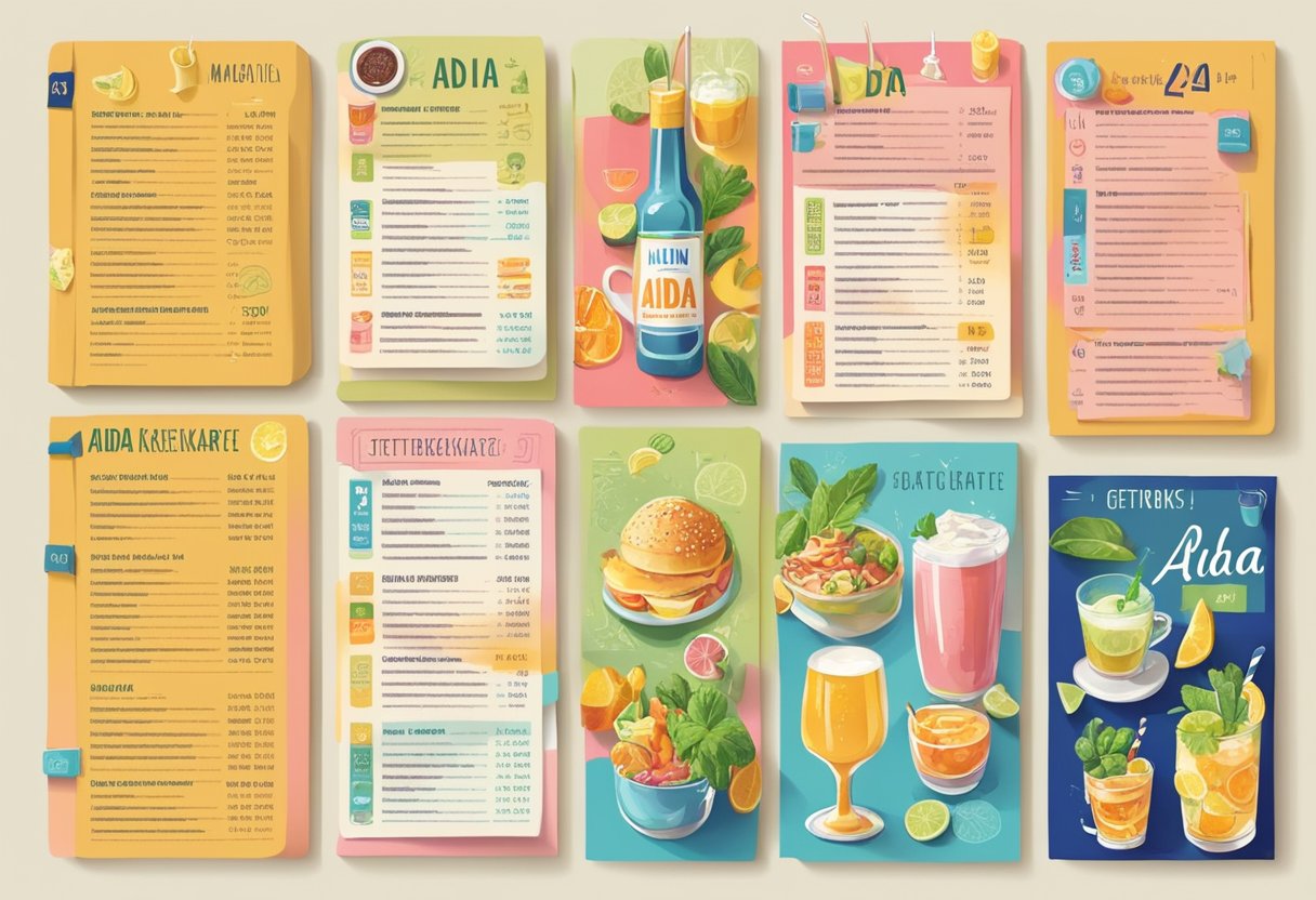 A colorful menu with "Aida Getränkekarte" in bold letters, surrounded by images of various drinks and prices