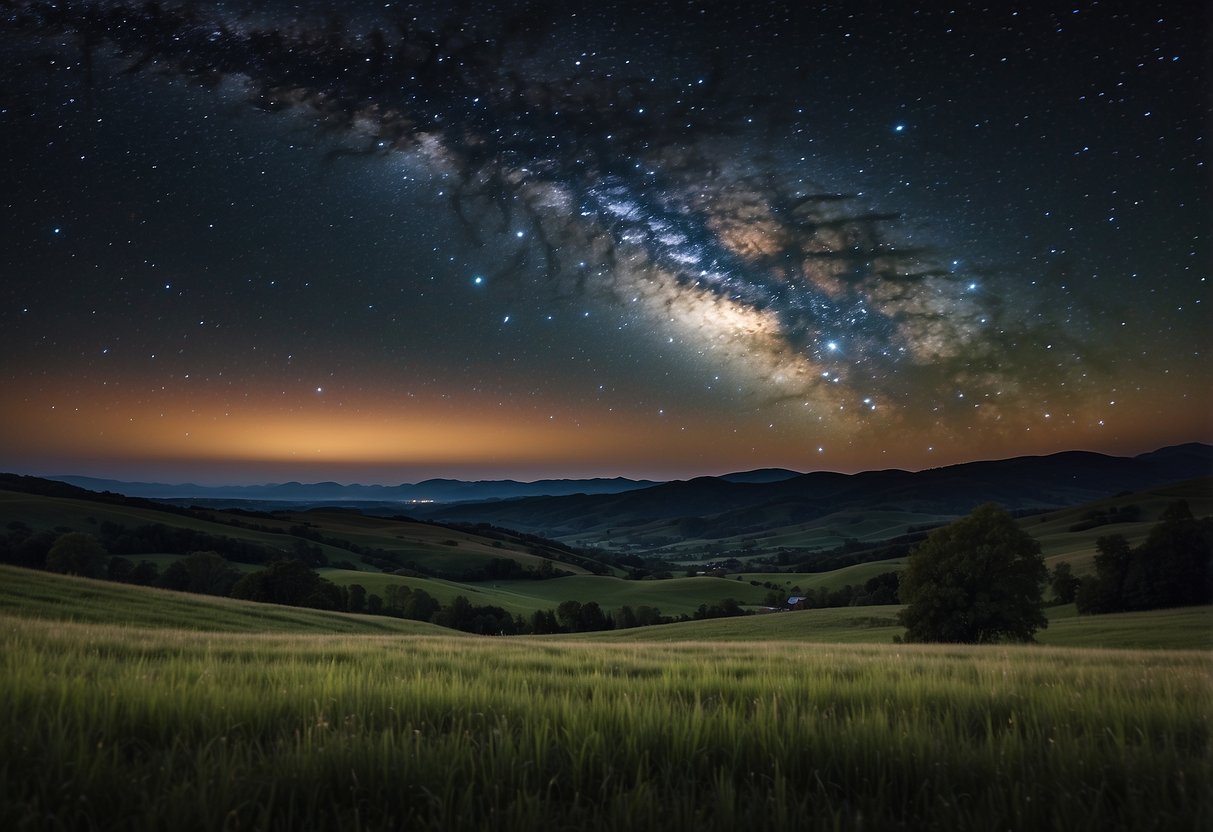 A dark, clear night sky over a tranquil countryside with rolling hills, showcasing the Milky Way and countless stars twinkling above