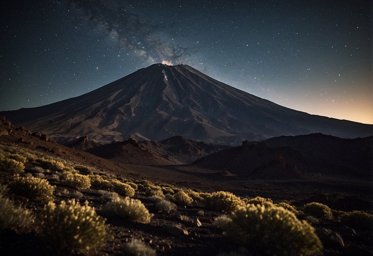 Teide National Park, Spain: A clear night sky with the silhouette of Mount Teide and surrounding volcanic landscape, perfect for stargazing