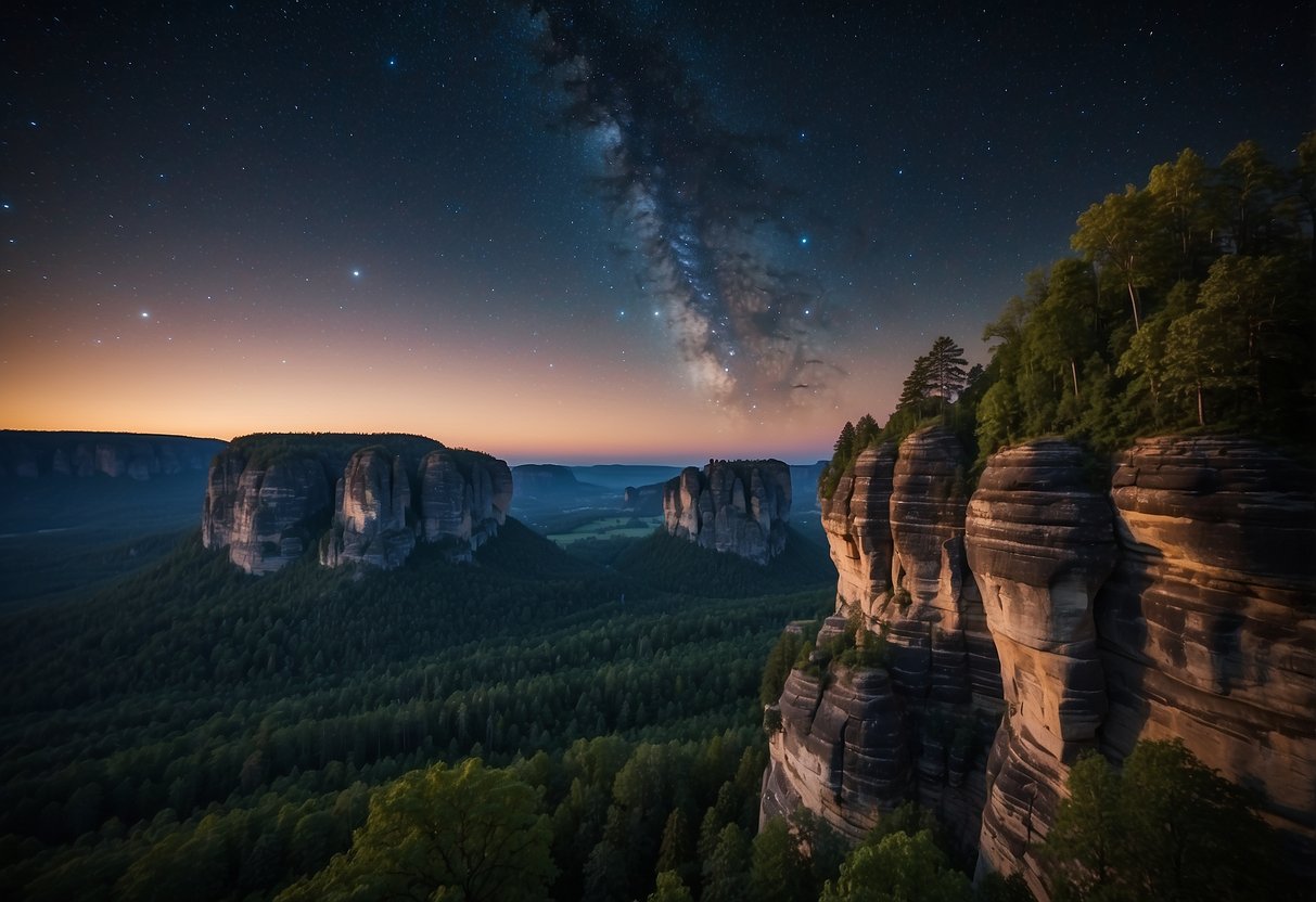 A clear night sky over Saxon Switzerland National Park, with towering rock formations and lush forests, providing a stunning backdrop for stargazing