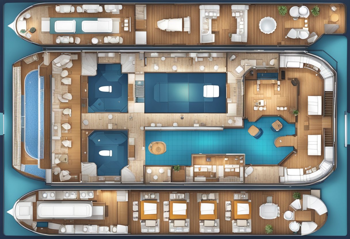Aidanova deckplan: spacious cruise ship layout with multiple decks, cabins, restaurants, and leisure areas