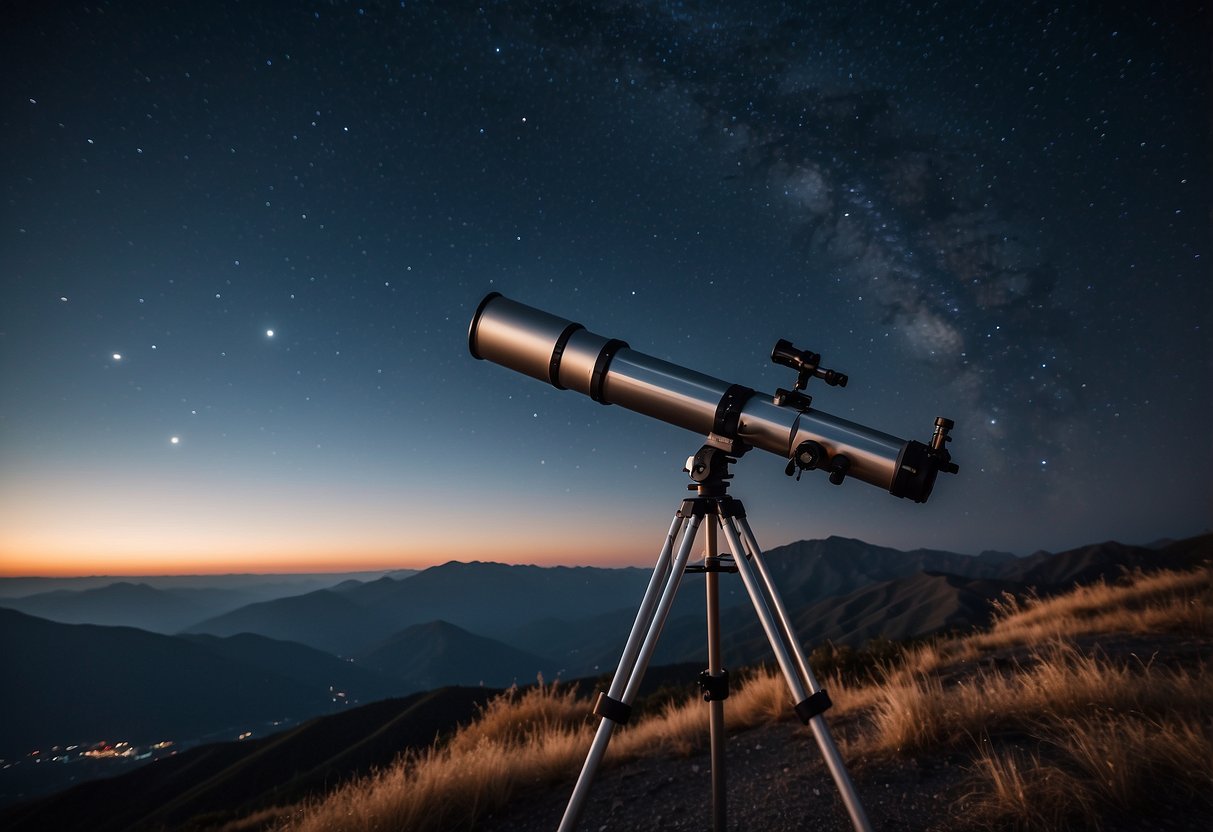 Clear night sky, no light pollution, mountains in background, telescope set up, twinkling stars, serene atmosphere