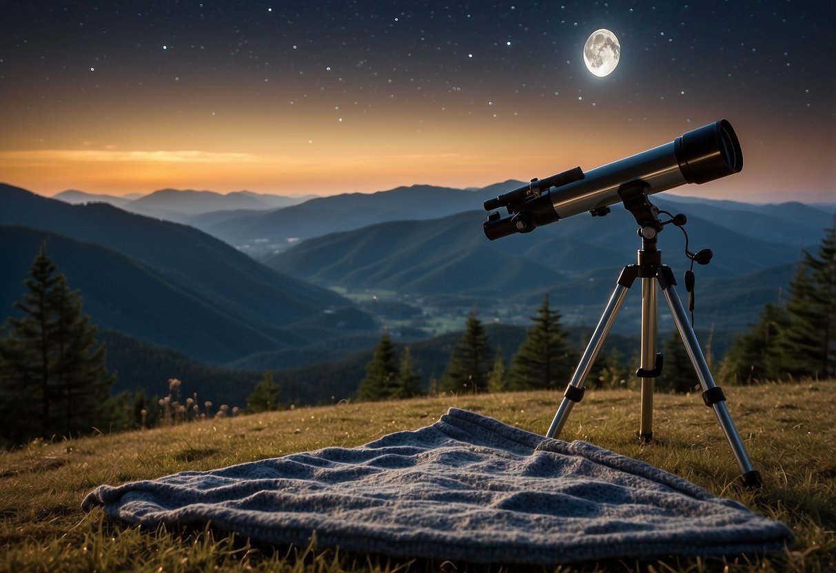 A telescope, star charts, and a cozy blanket lay on the grassy hilltop. The night sky is clear, with twinkling stars and a bright moon. Surrounding mountains and forests provide a picturesque backdrop