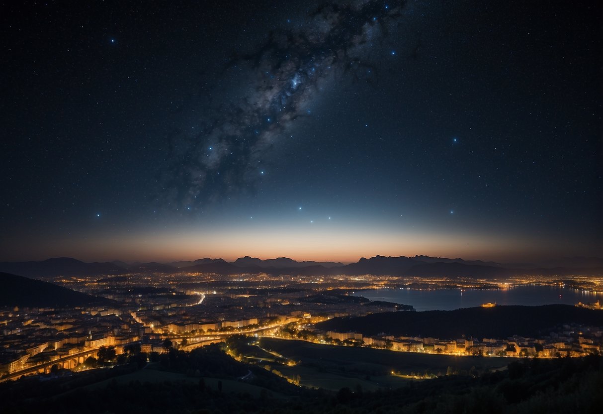 A dark, clear night sky with a panoramic view of the stars and planets, set against a backdrop of iconic European landmarks