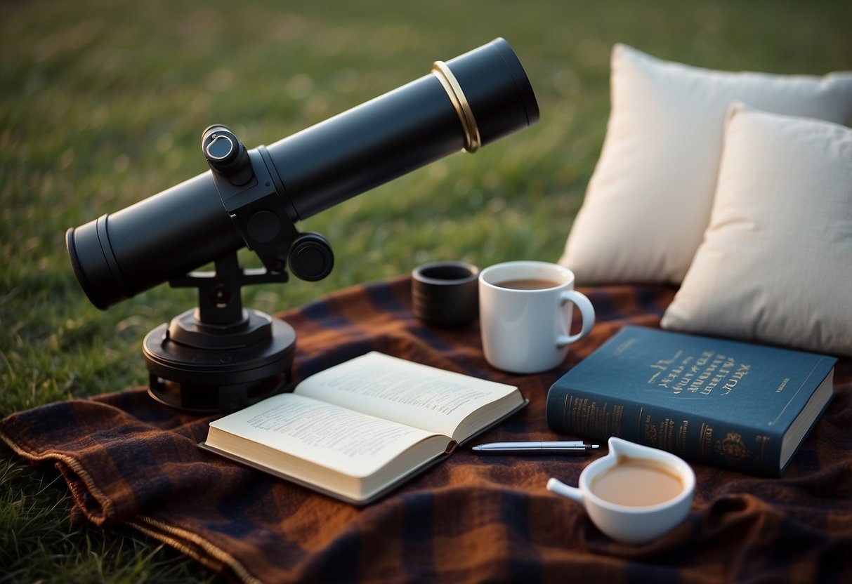 A cozy outdoor setting with a blanket spread out on the grass, a telescope pointed towards the night sky, a journal and pen ready for note-taking, and a mug of hot cocoa sitting nearby