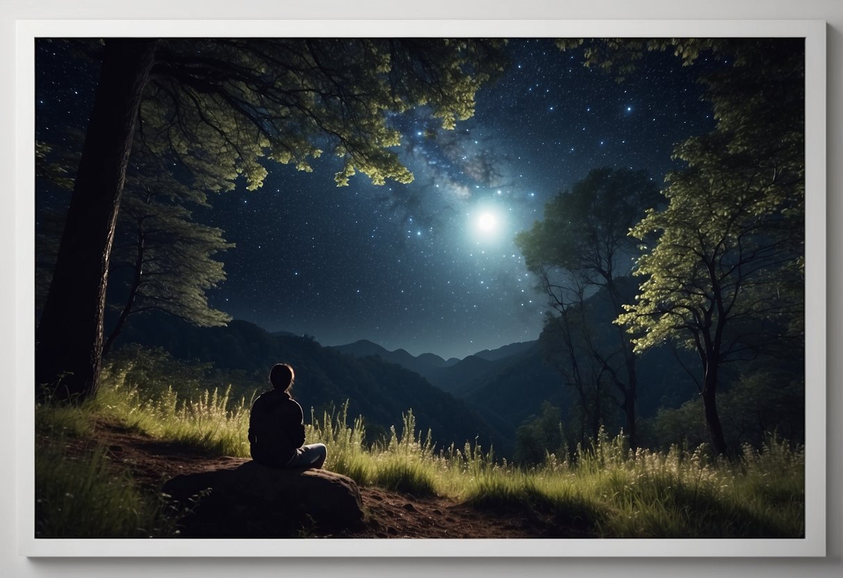 A figure sits in a secluded, dimly lit area, surrounded by trees and shadows. The night sky above is clear, filled with twinkling stars and constellations