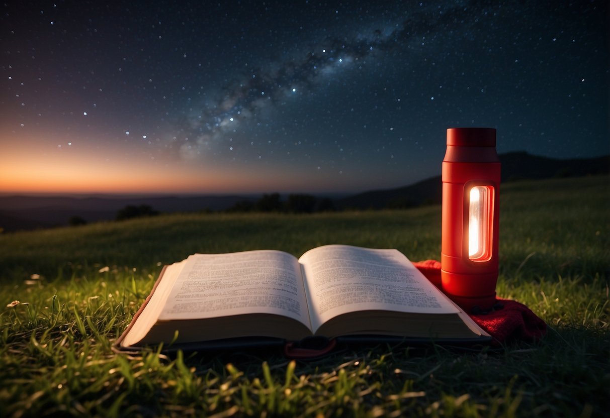 A red flashlight illuminates an open stargazing journal on a grassy field, surrounded by a telescope, star charts, and a cozy blanket