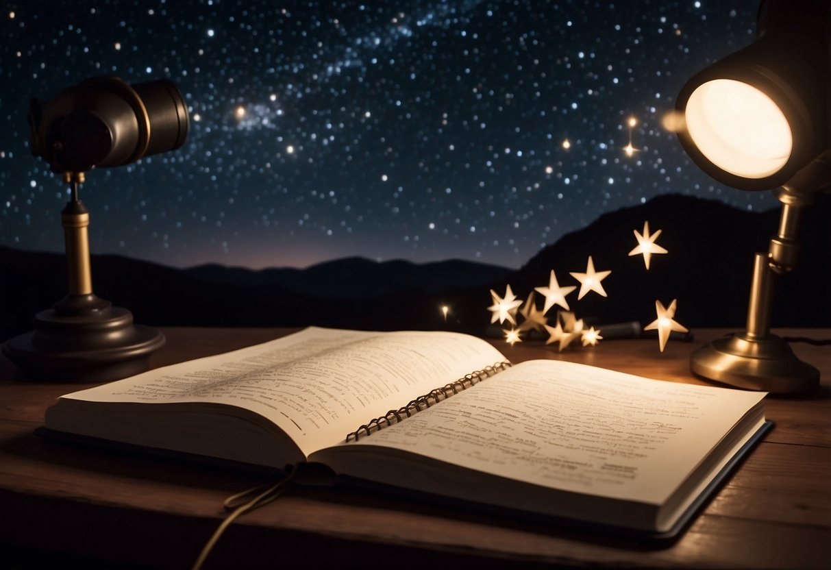 A dark night sky with twinkling stars, a telescope pointed towards the heavens, a notebook and pen on a table, and a cozy blanket spread out on the ground