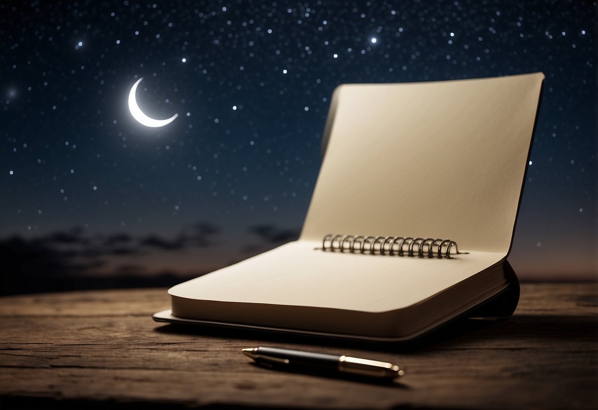 A clear night sky with scattered clouds, a crescent moon, and twinkling stars above. A notebook and pen lie on a flat surface, ready to record stargazing observations