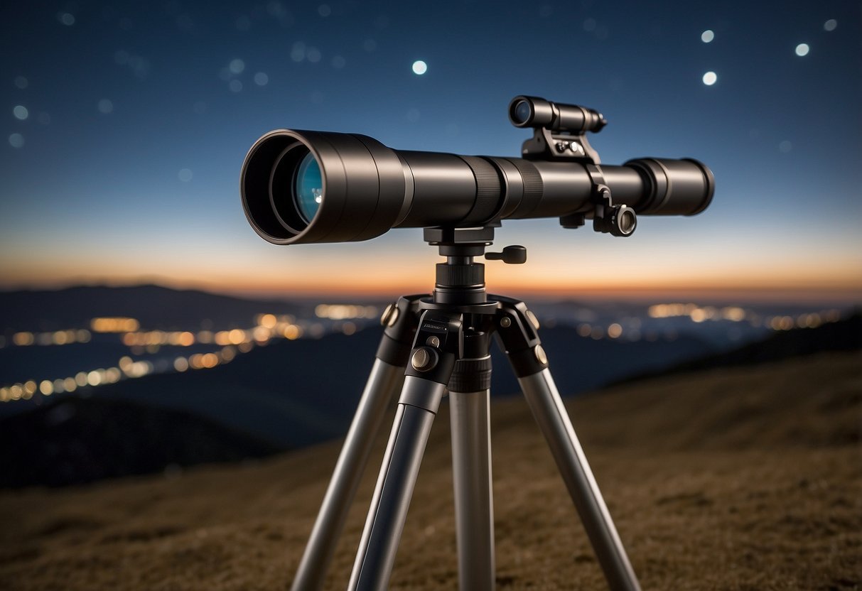 A telescope sits on a tripod, pointed towards the night sky. A journal and pen are nearby, ready for recording observations. The settings on the telescope are carefully noted