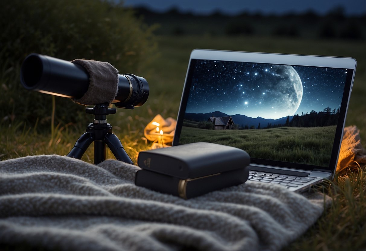 A cozy blanket spread out on the grass, with a telescope pointed towards the night sky. A journal and pen lay nearby, ready to record the mesmerizing sights of the stars