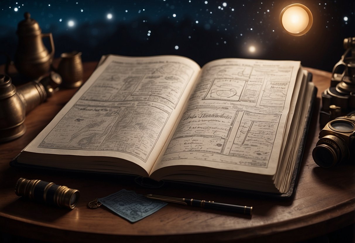 A journal with celestial drawings, notes, and diagrams laid out on a table under a starry night sky. Telescope and binoculars nearby