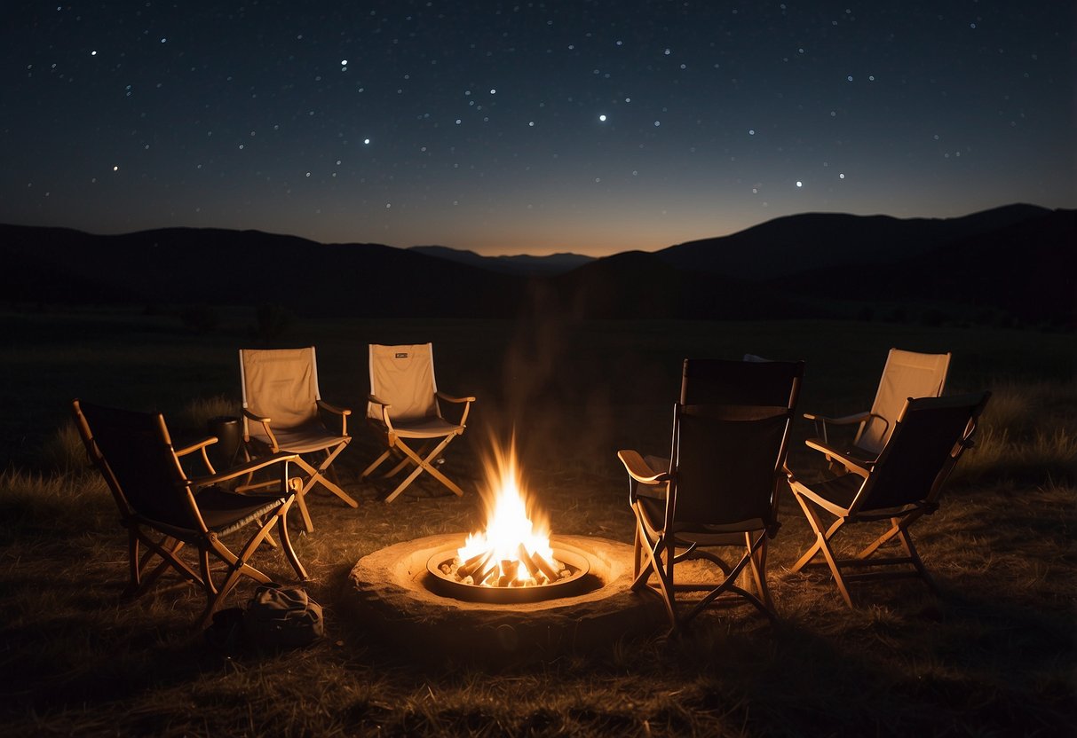 A group of telescopes set up in a dark field, pointing towards the night sky. A circle of chairs surrounds a small campfire, where people chat and share stories about their favorite constellations